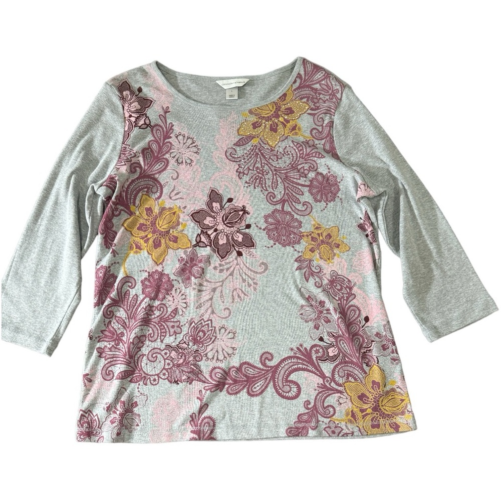 Christopher & Banks Women’s Gray Top With Pink, Burgundy, and Yellow Design.